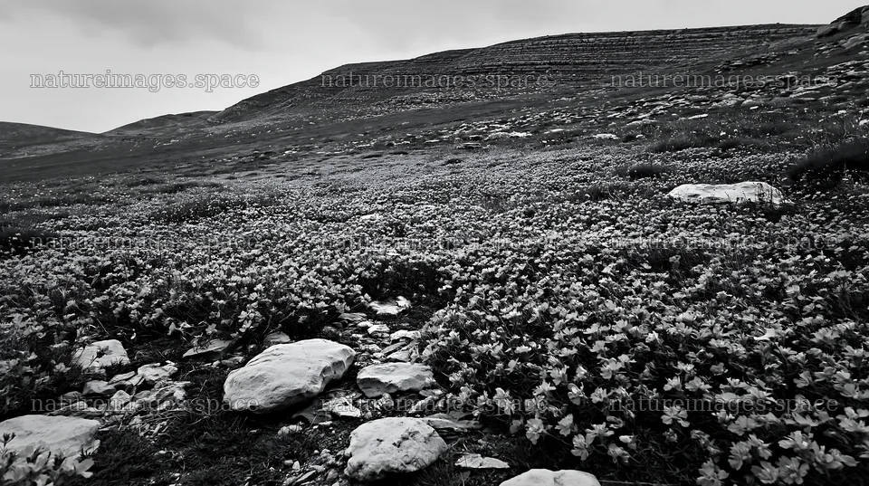Cloudy rockrose meadow on limestone slope – nature images 10608x5938