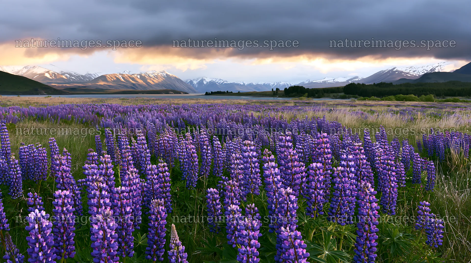 Snowy alps behind blooming lupins in Lake Tekapo meadow – nature images 10608x5938