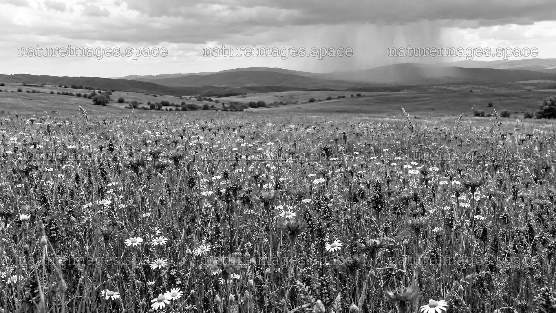 Monochrome Hills Beyond a Wildflower Meadow – nature images 10324x5812