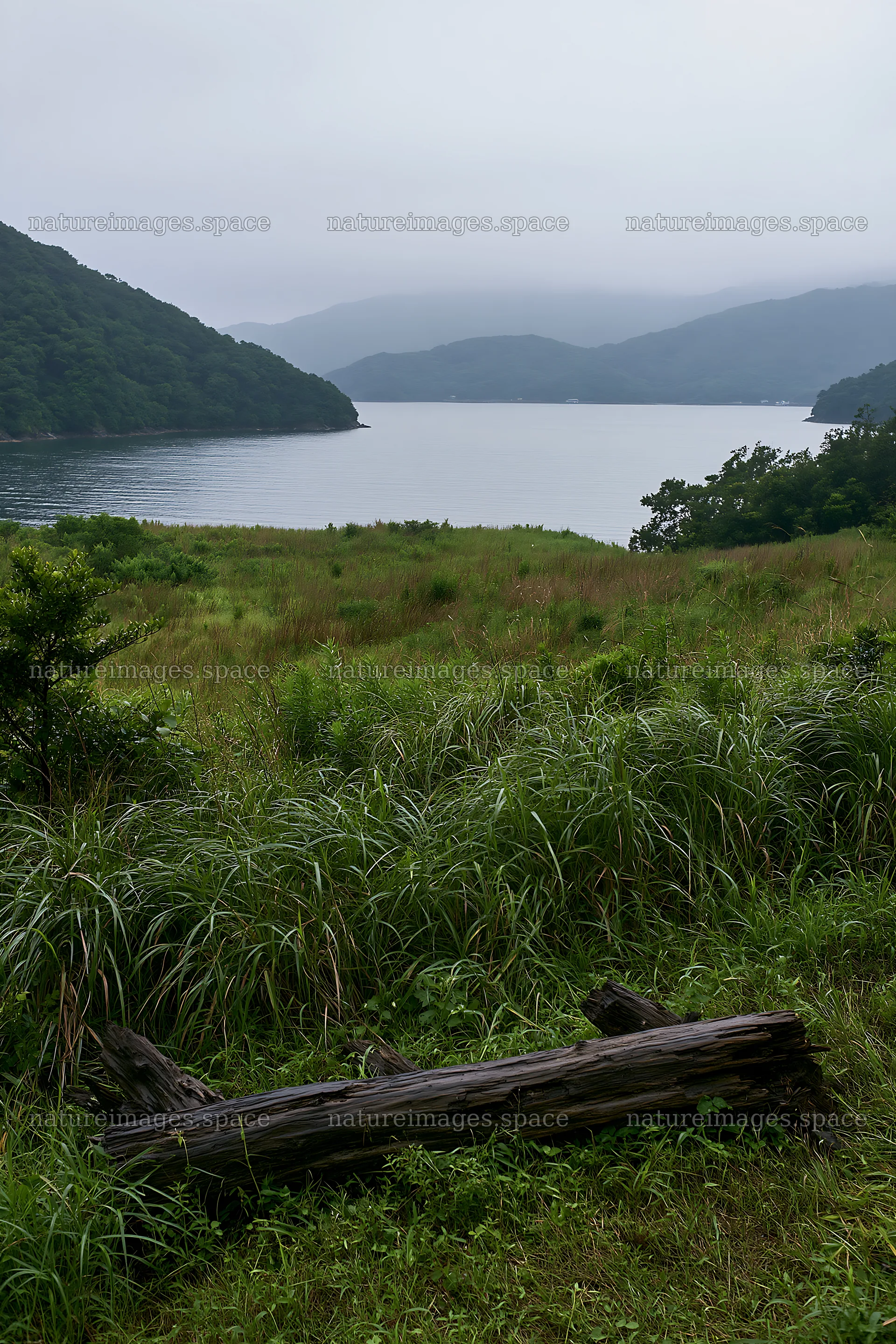 Nagasaki coastal meadow with driftwood and distant mountains – nature images 6480x9722