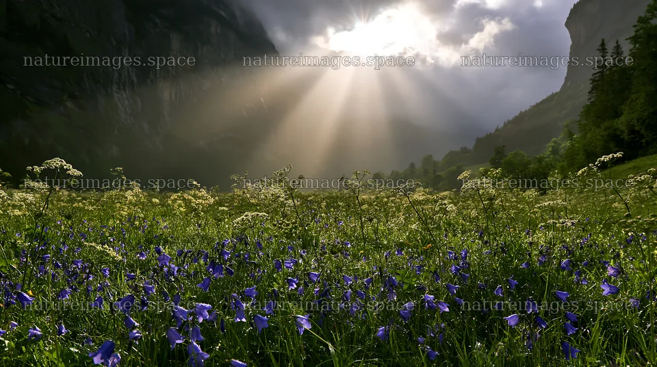 Light rays over Lauterbrunnen Valley meadow with wildflowers – nature images 10608x5938