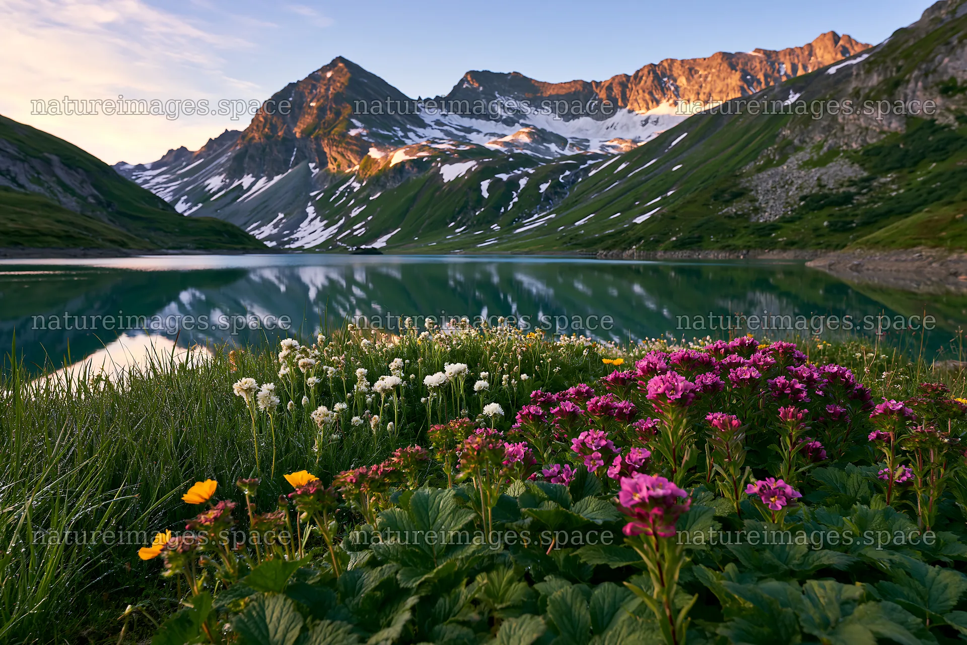 Swiss meadow beside alpine lake with flowers and mountains – nature images 9722x6480