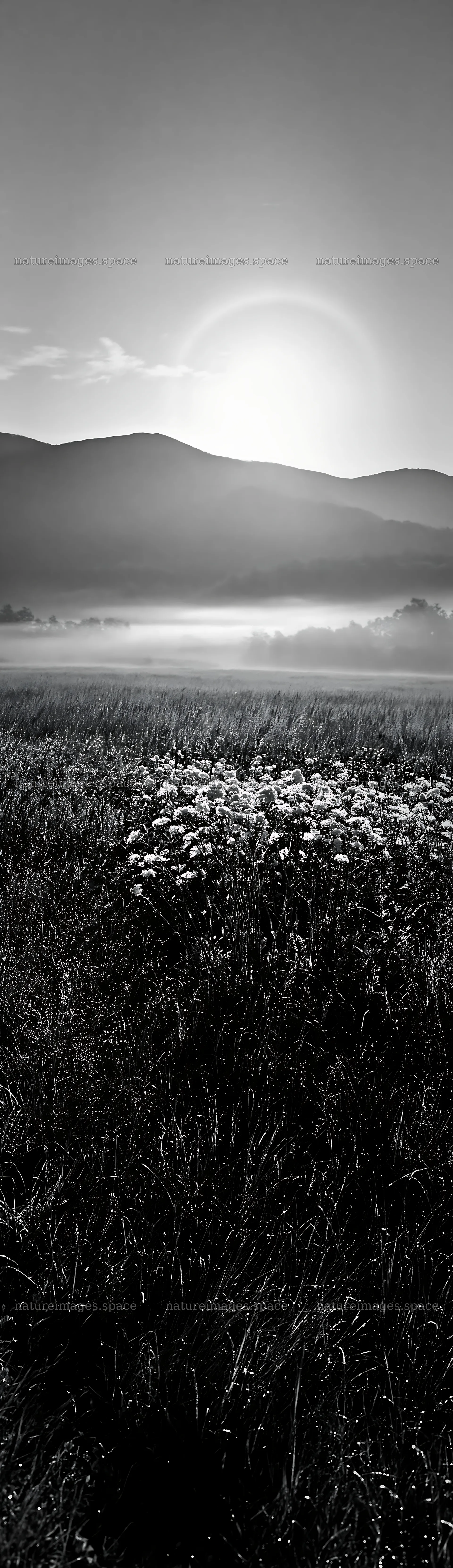 Expansive Hokkaido restoration meadow with dewdrops – nature images 4268x14762