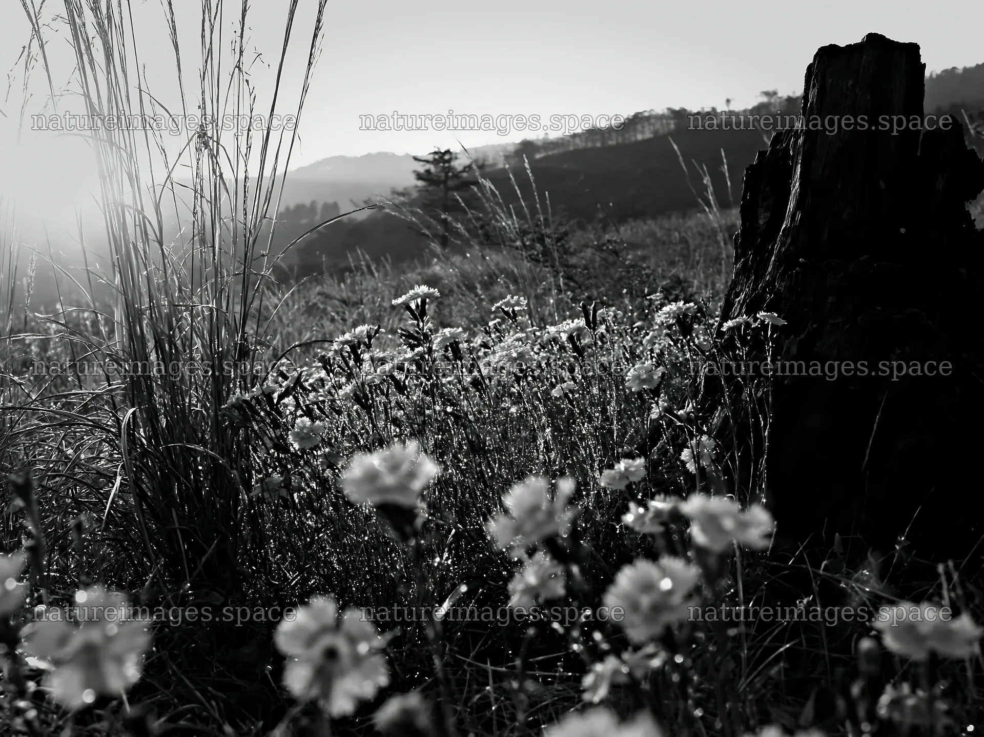 Fukushima native meadow with weathered stump – nature images 9174x6866
