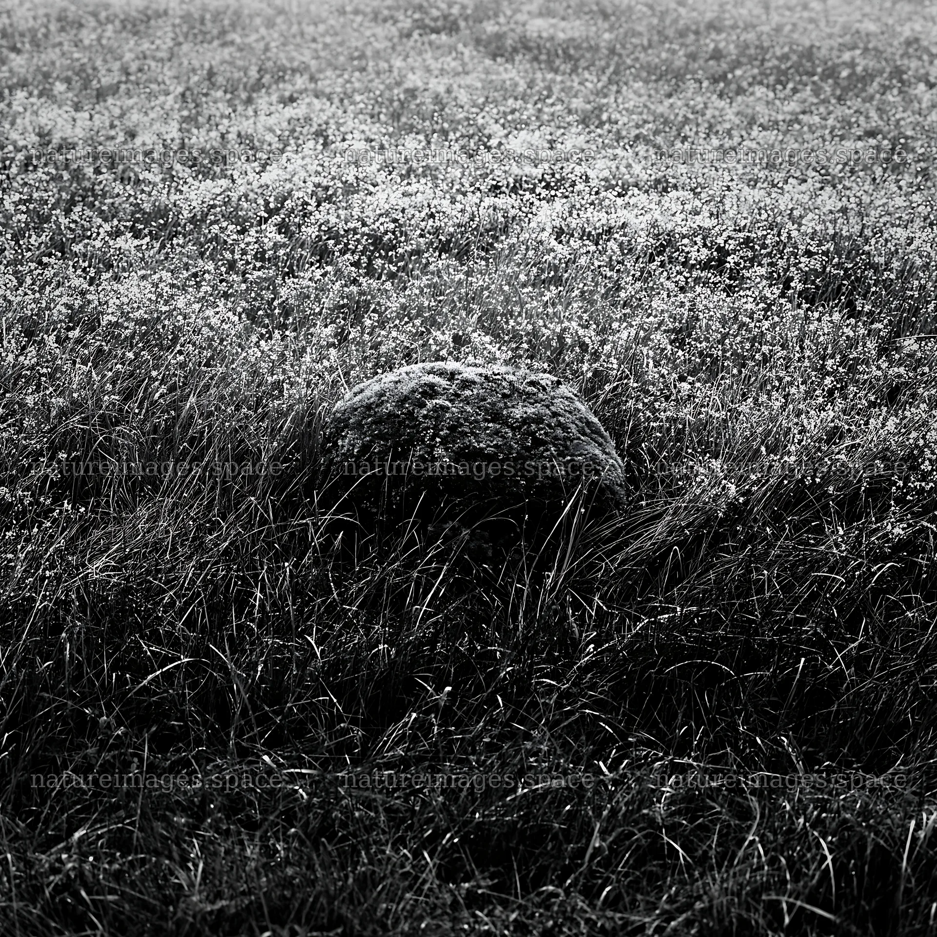 Miyagi spring recovery meadow mossy stone stands in grassy field – nature images 7938x7938
