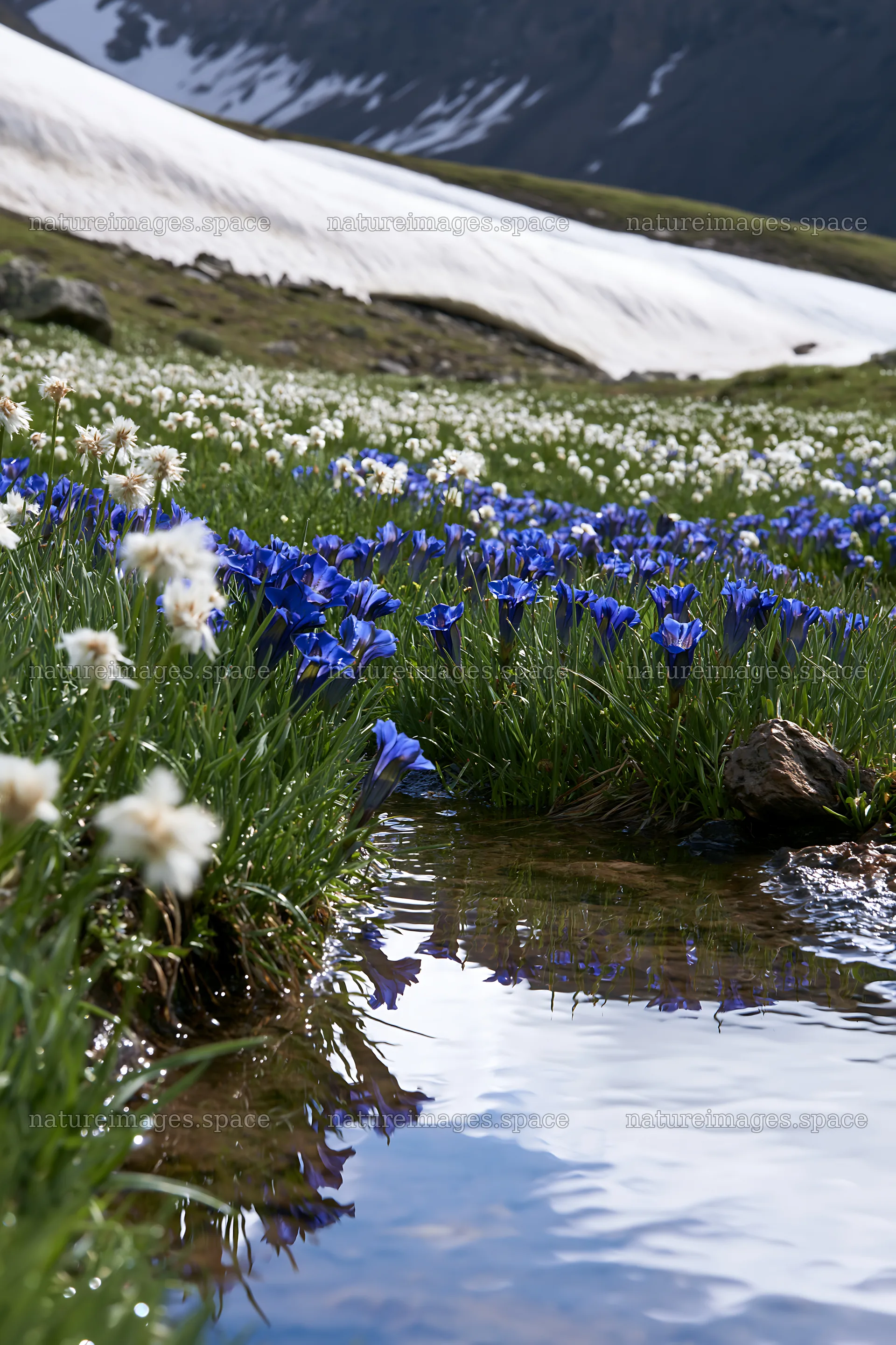 Swiss alpine meadow with blue flowers near a stream – nature images 6480x9722