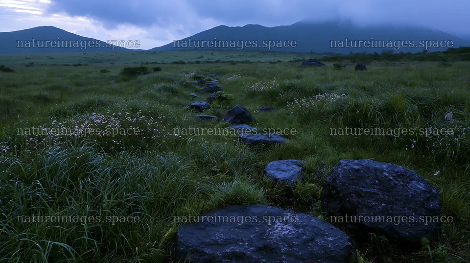 Oita highland meadow with granite stones at dusk – nature images 10608x5938