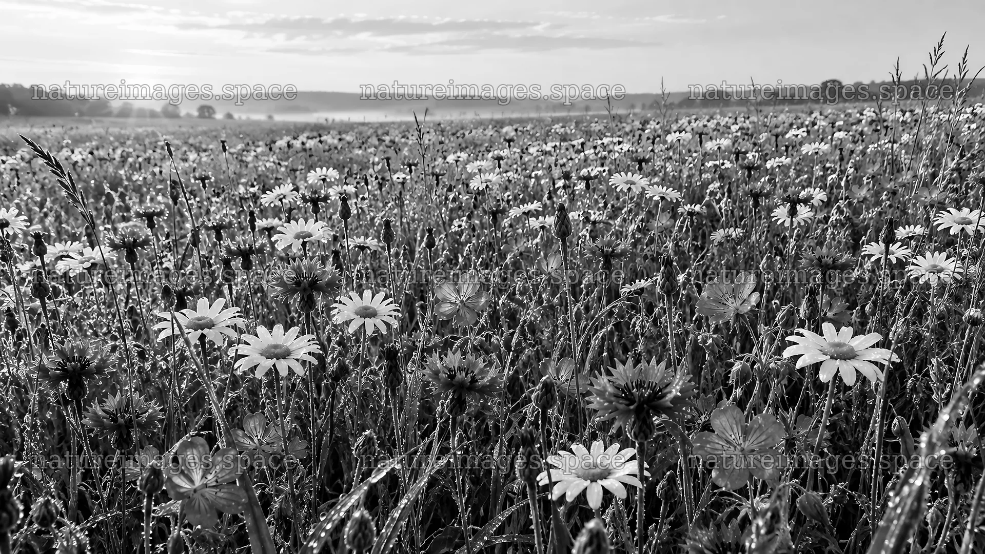 Monochrome Meadow of Daisy-Like Flowers – nature images 10324x5812