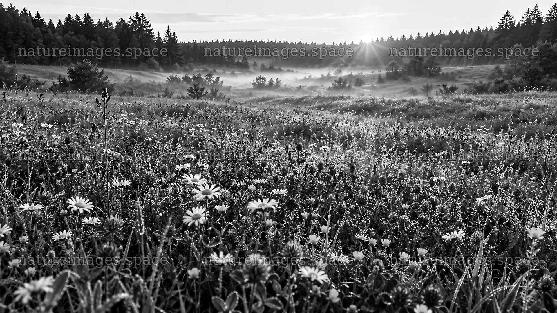 Misty Forest Clearing with Backlit Meadow – nature images 10324x5812