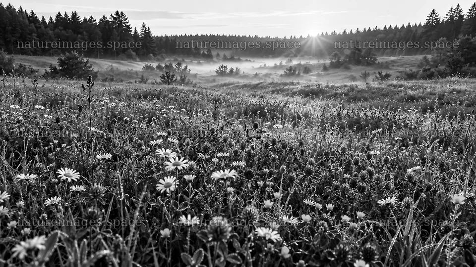 Misty Forest Clearing with Backlit Meadow – nature images 10324x5812