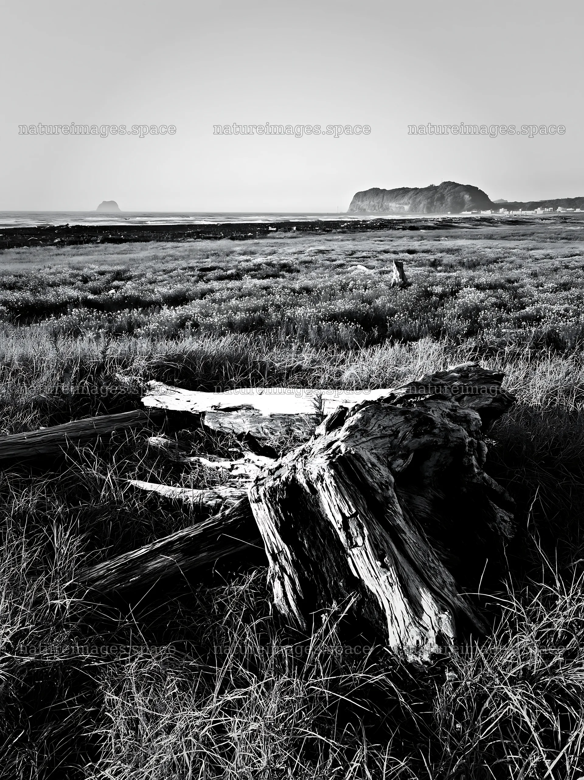 Driftwood in Chiba coastal meadow with distant hills – nature images 6866x9174