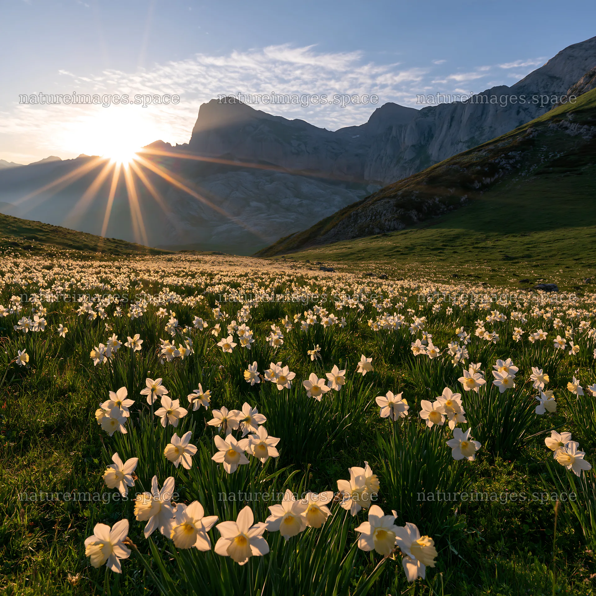 Sunrise over Picos de Europa meadow with blooming flowers – nature images 7938x7938