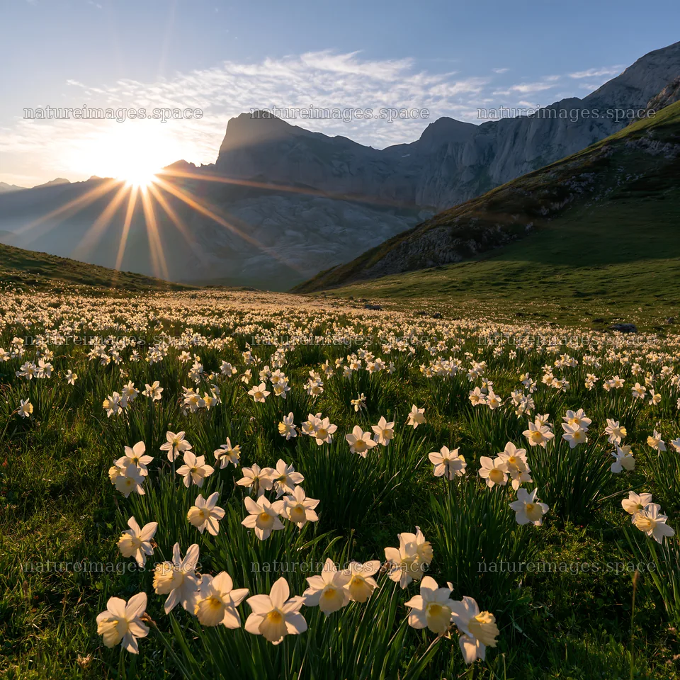 Sunrise over Picos de Europa meadow with blooming flowers – nature images 7938x7938