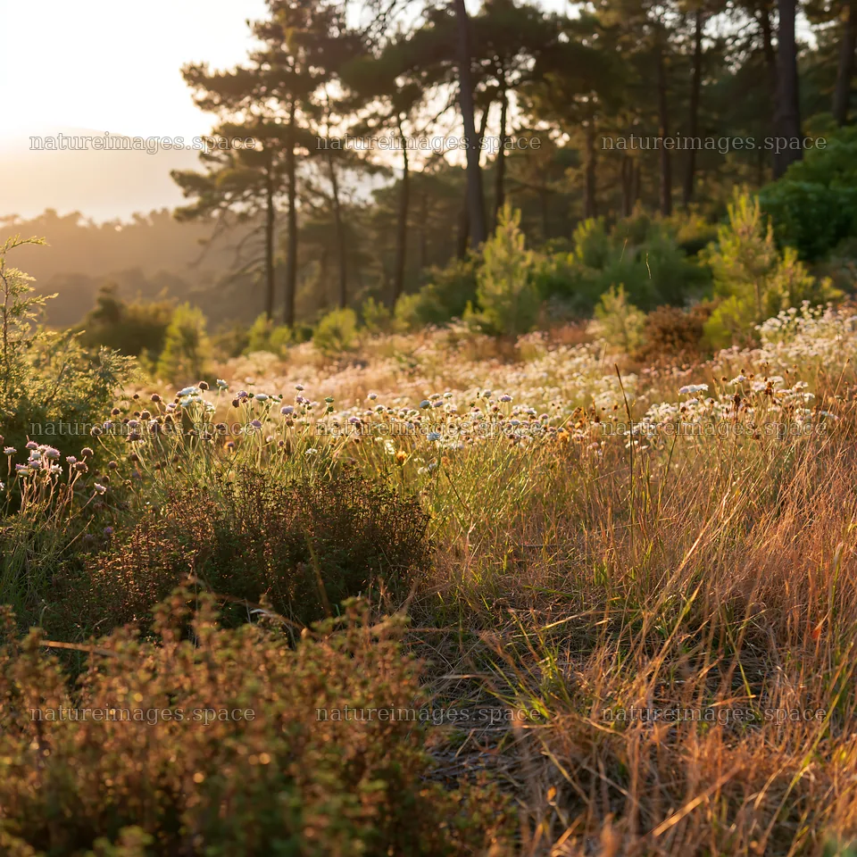 Pine forest meadow with wildflowers during sunset – nature images 7938x7938