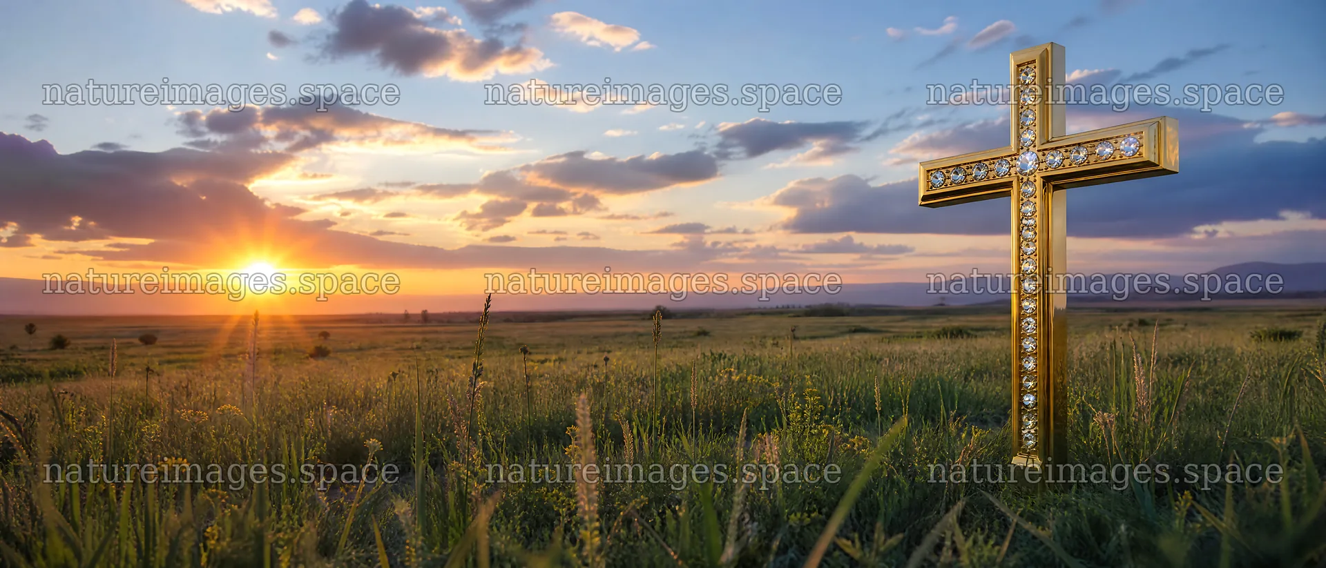 Golden Christian cross in sunset meadow – nature images 12124x5196