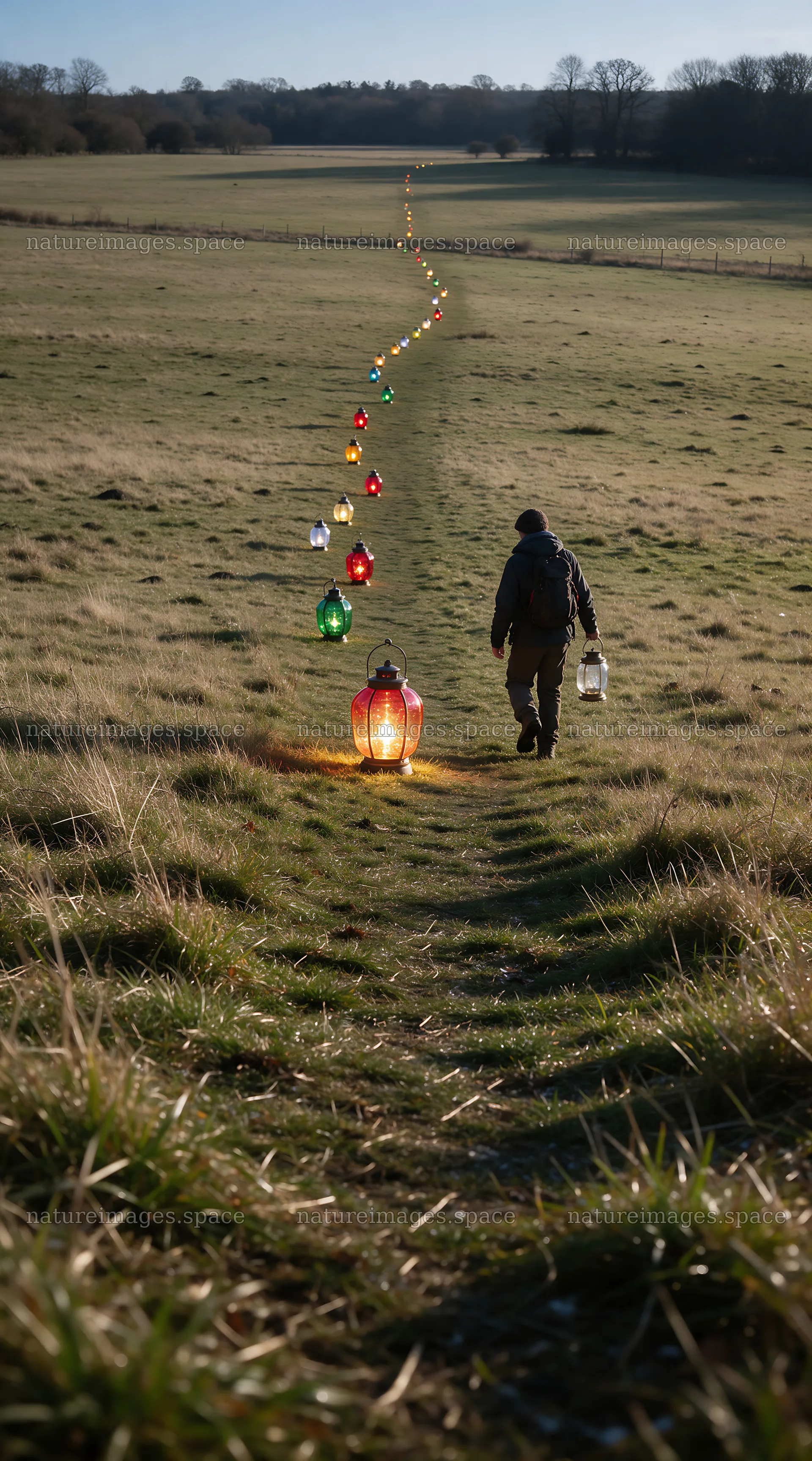 Colorful Christmas lanterns in a meadow at dusk – nature images 5916x10648