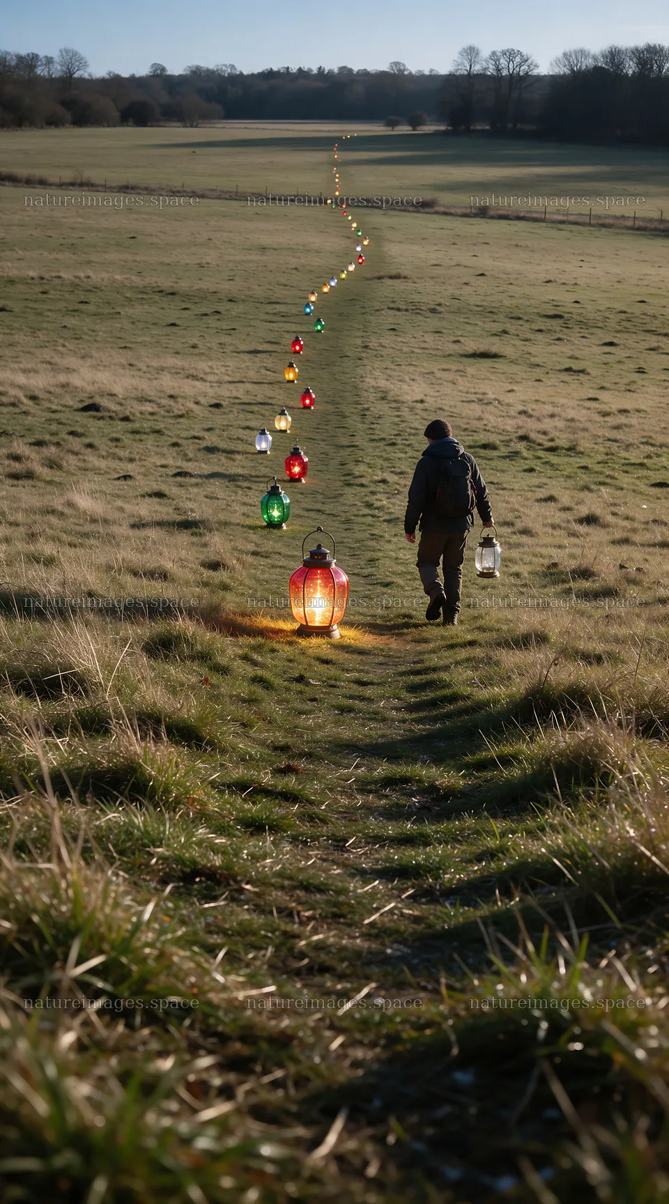 Colorful Christmas lanterns in a meadow at dusk – nature images 5916x10648