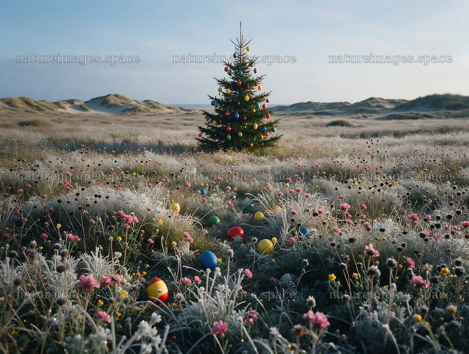 Vibrant Christmas tree in a winter meadow with flowers – nature images 9134x6898