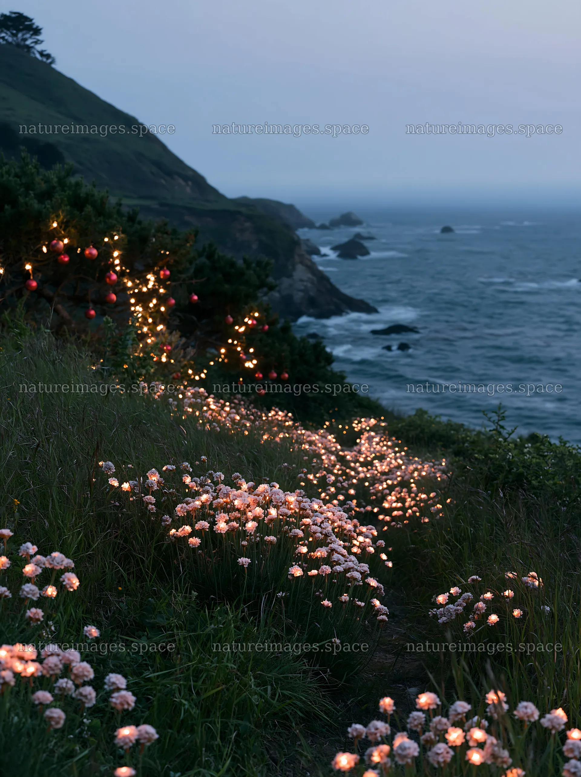 Open Christmas meadow along rugged coast with baubles – nature images 6866x9174