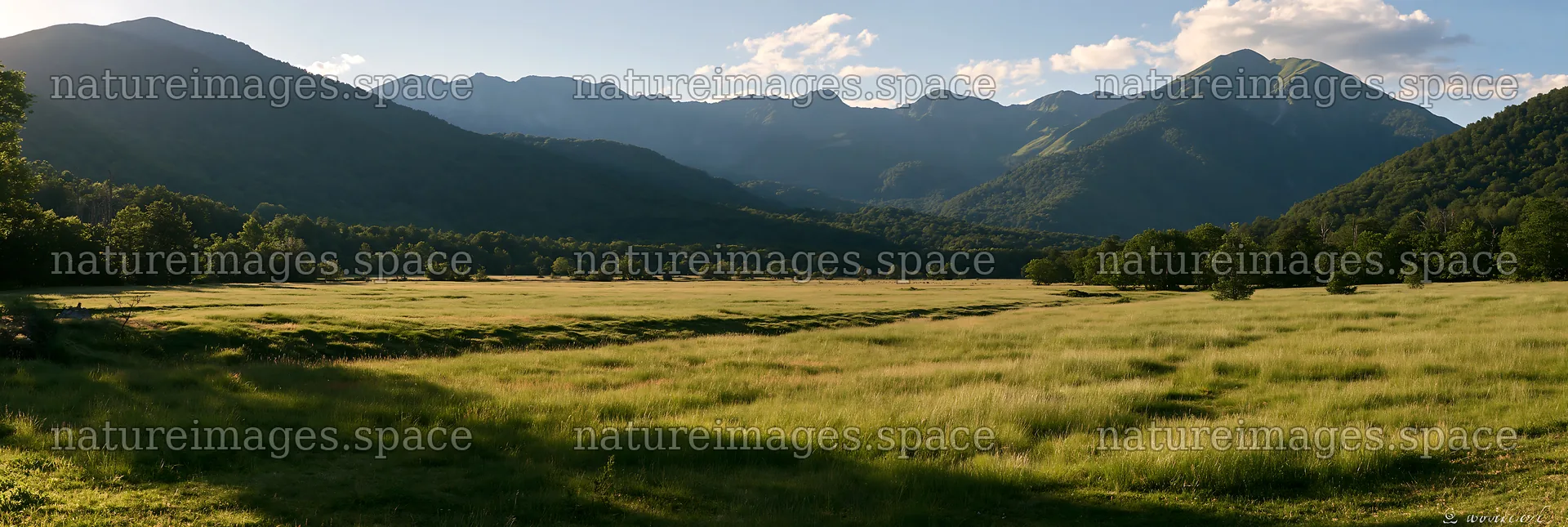 French meadow below Pyrenees range with mountains in the background – nature images 13690x4602