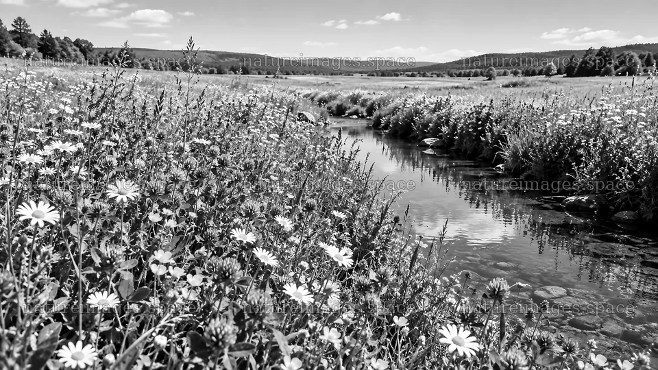 Monochrome wildflower meadow beside a stream – nature images 10324x5812
