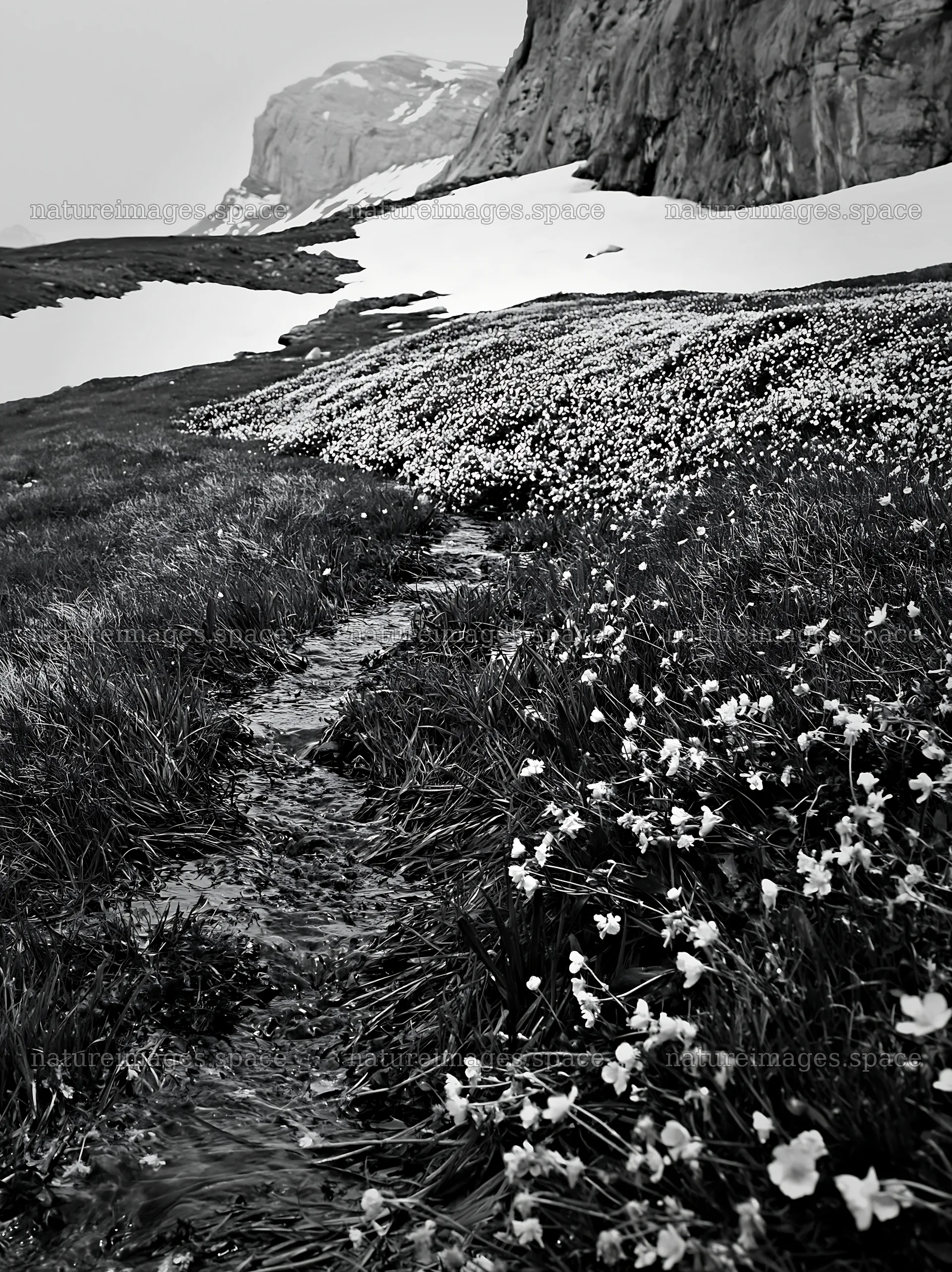 Buttercup meadow with snow-capped mountains in the background – nature images 6866x9174