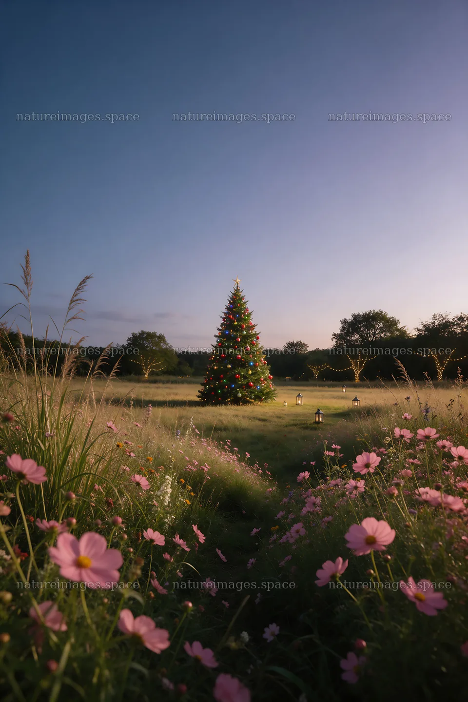 Vibrant Christmas tree in meadow at dusk with flowers – nature images 6480x9722