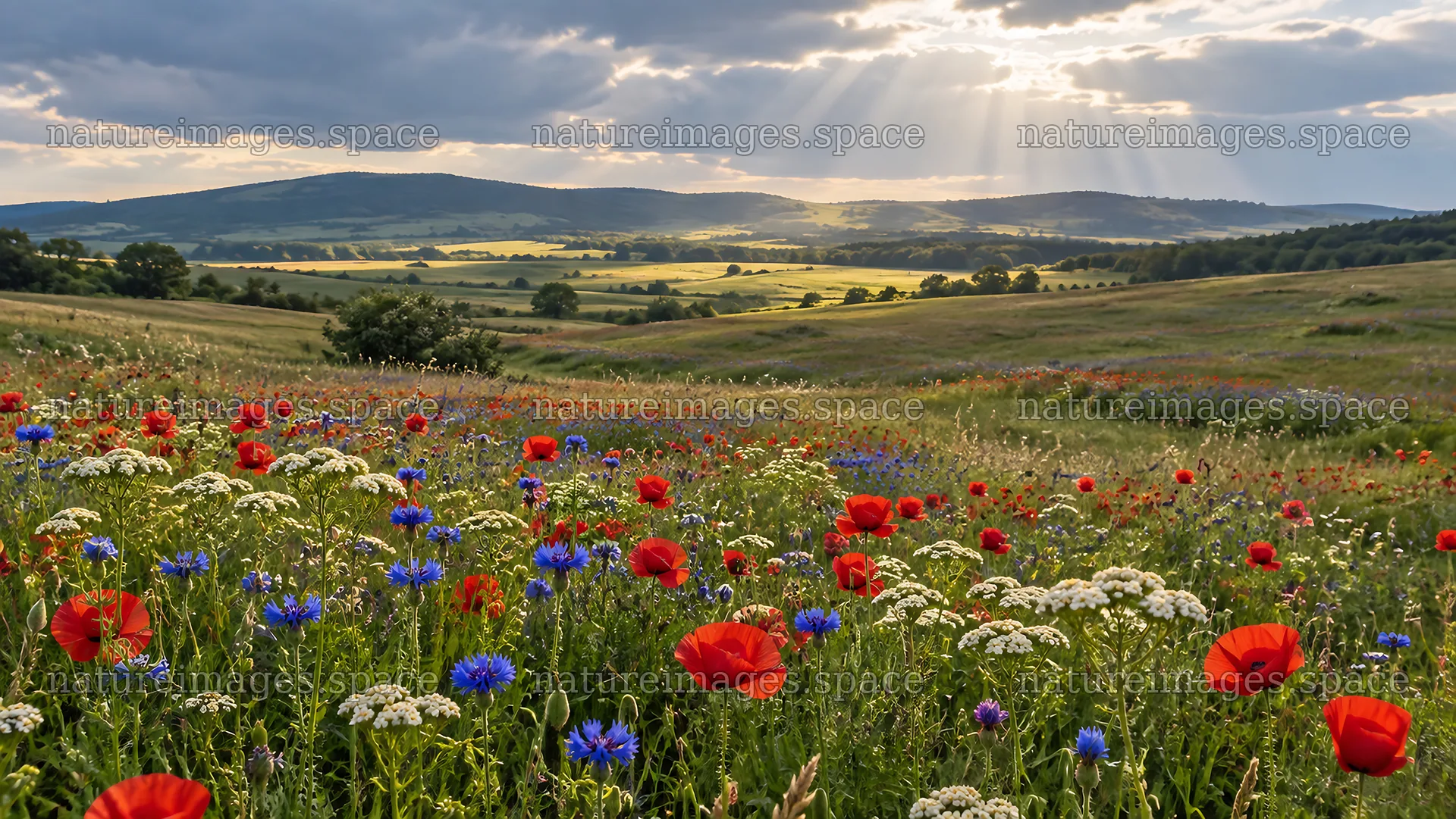 Colorful Wildflowers in a Sunlit Rolling Meadow – nature images 10324x5812