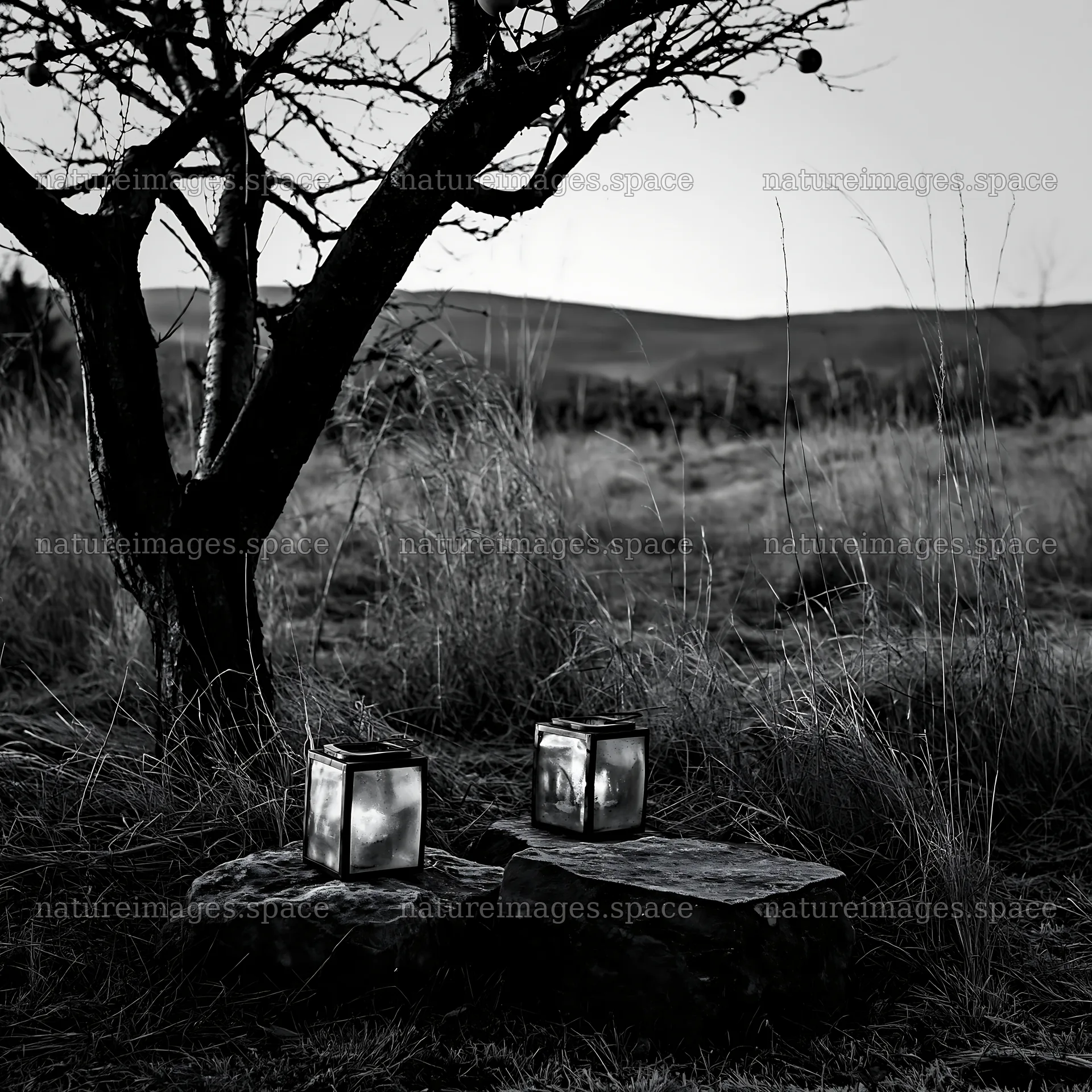 Christmas apple tree meadow with frosted stones and lanterns – nature images 7938x7938