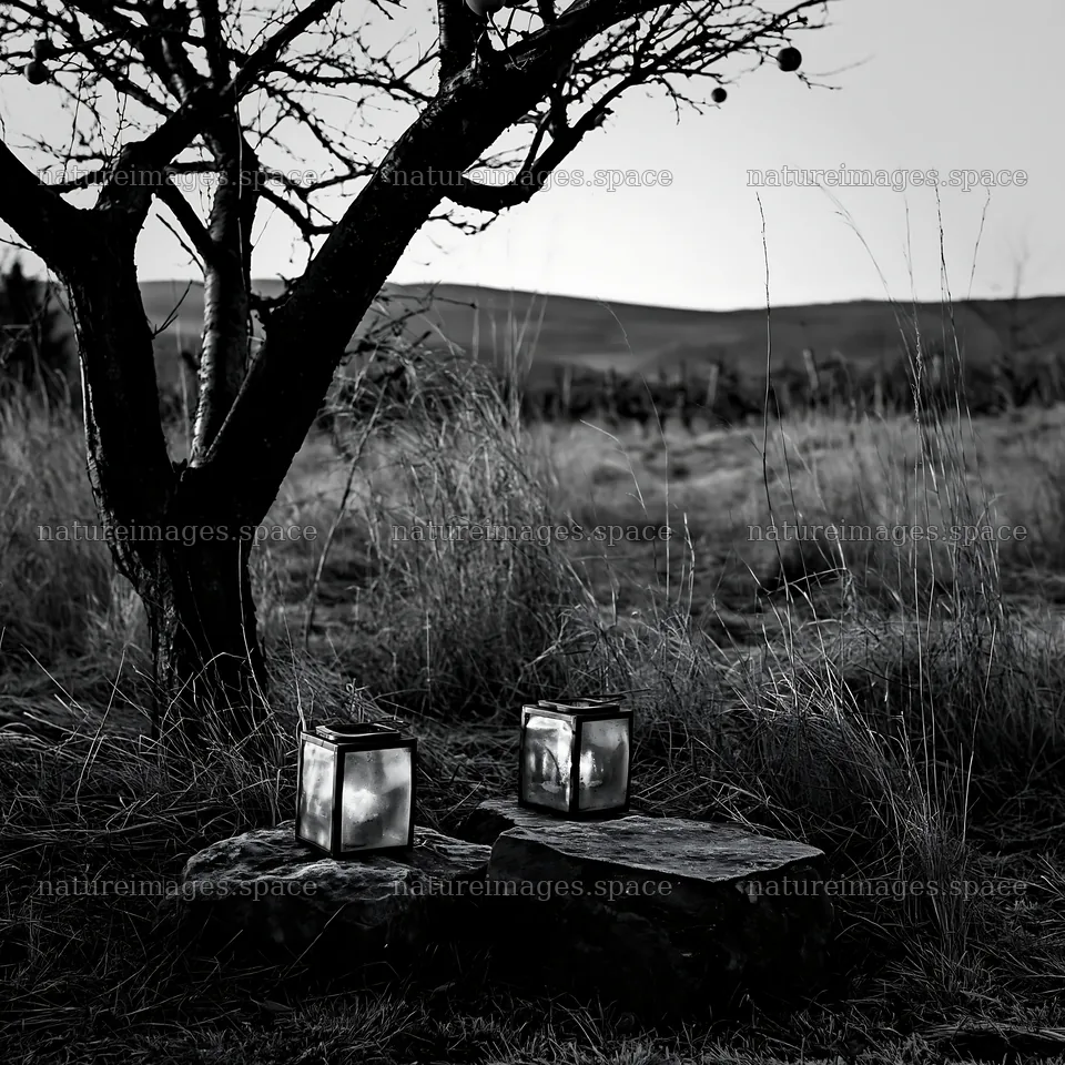 Christmas apple tree meadow with frosted stones and lanterns – nature images 7938x7938