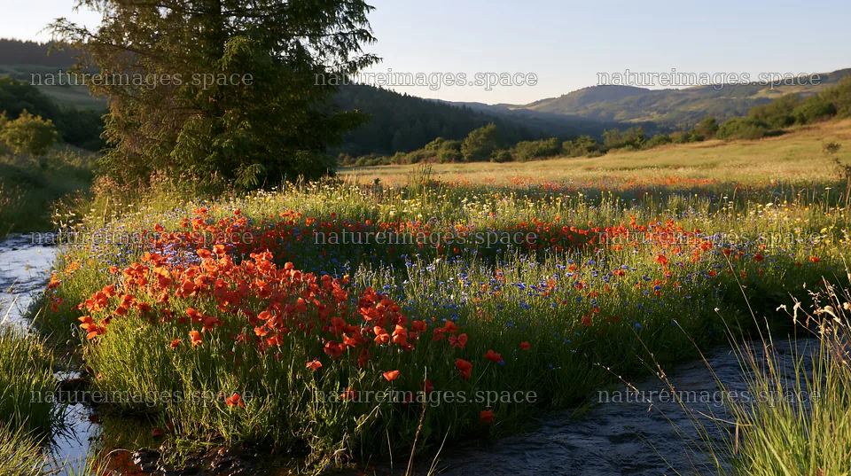 Christmas tree beside stream in meadow during daytime – nature images 10608x5938