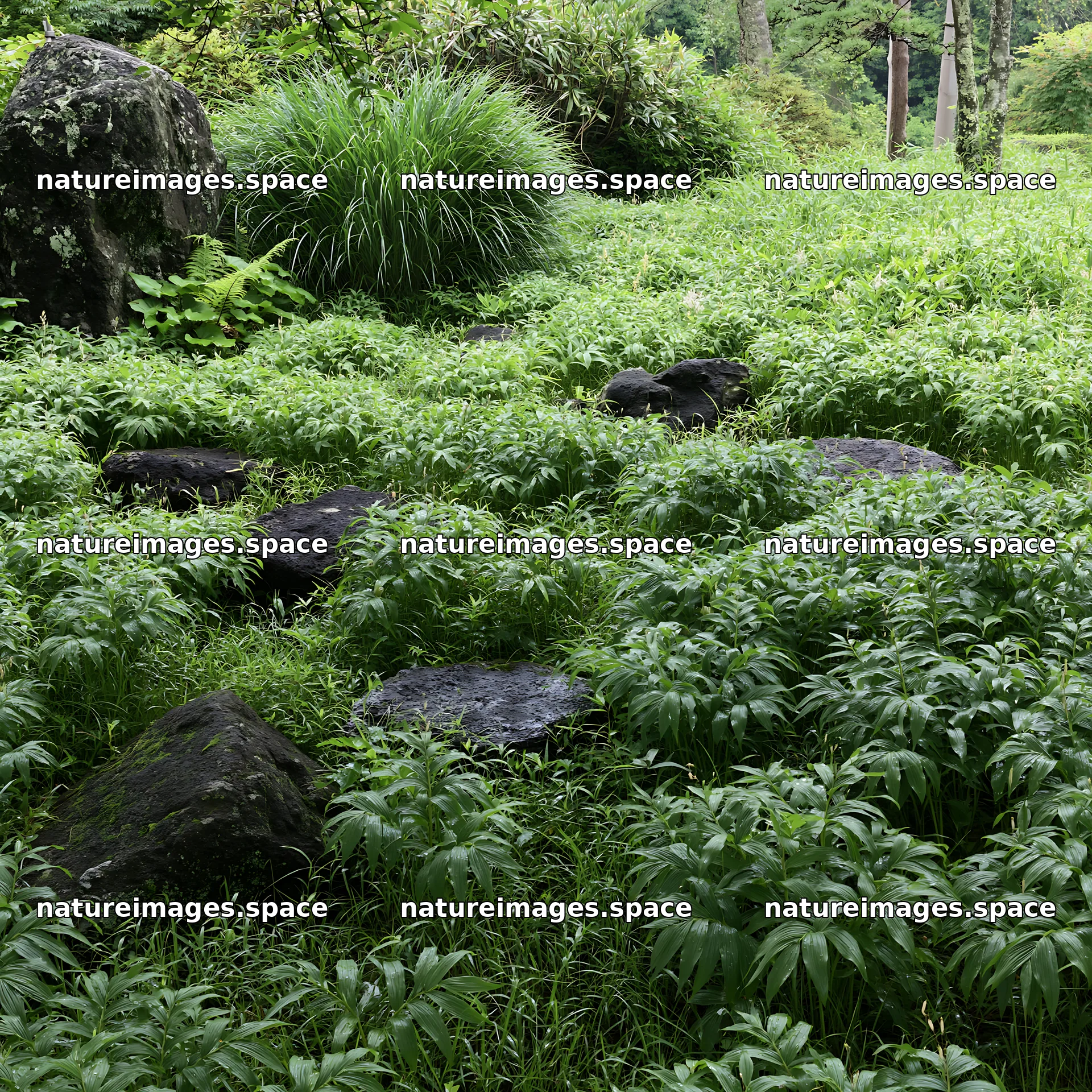 Green grass surrounds dark volcanic stones in a meadow – nature images 7938x7938