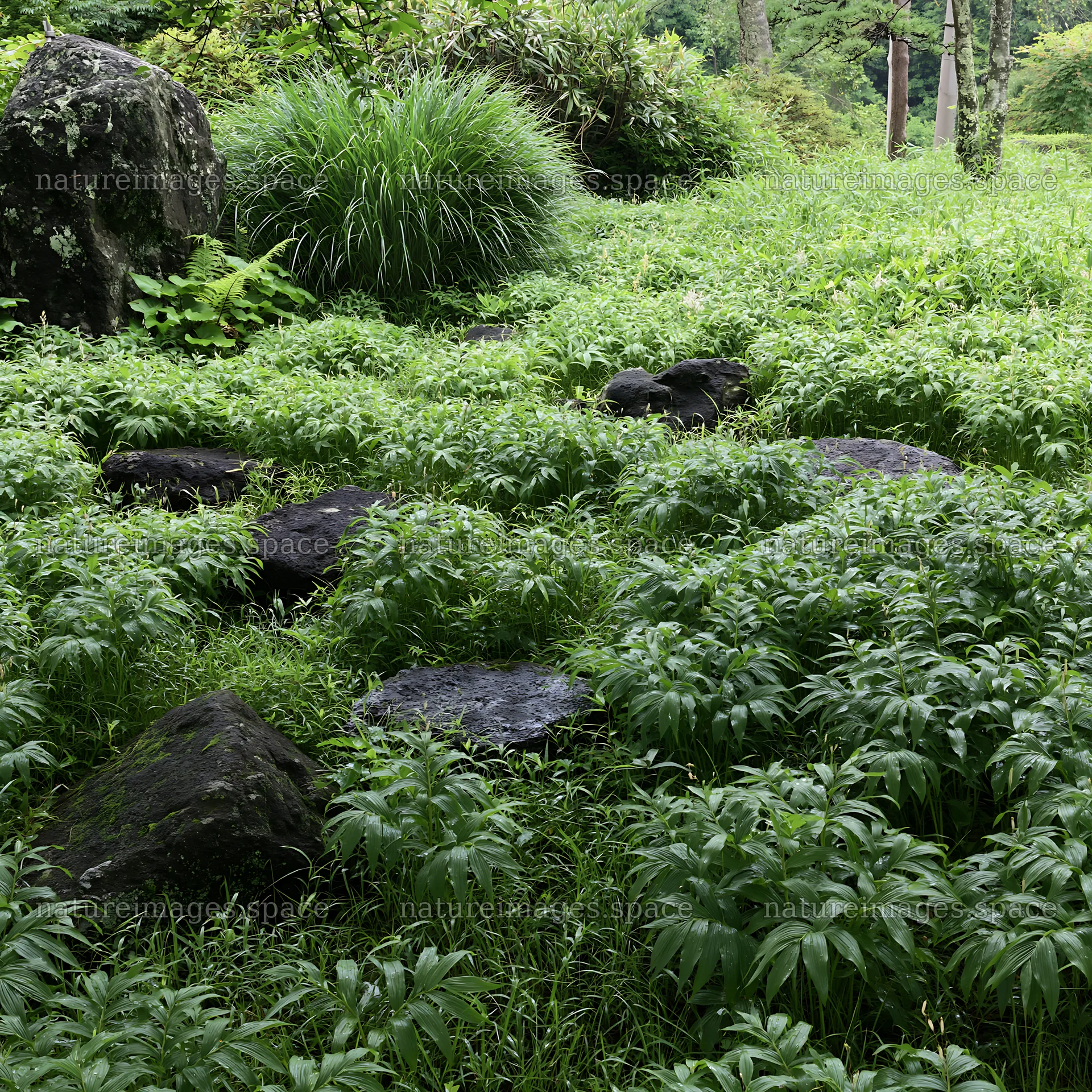 Green grass surrounds dark volcanic stones in a meadow – nature images 7938x7938
