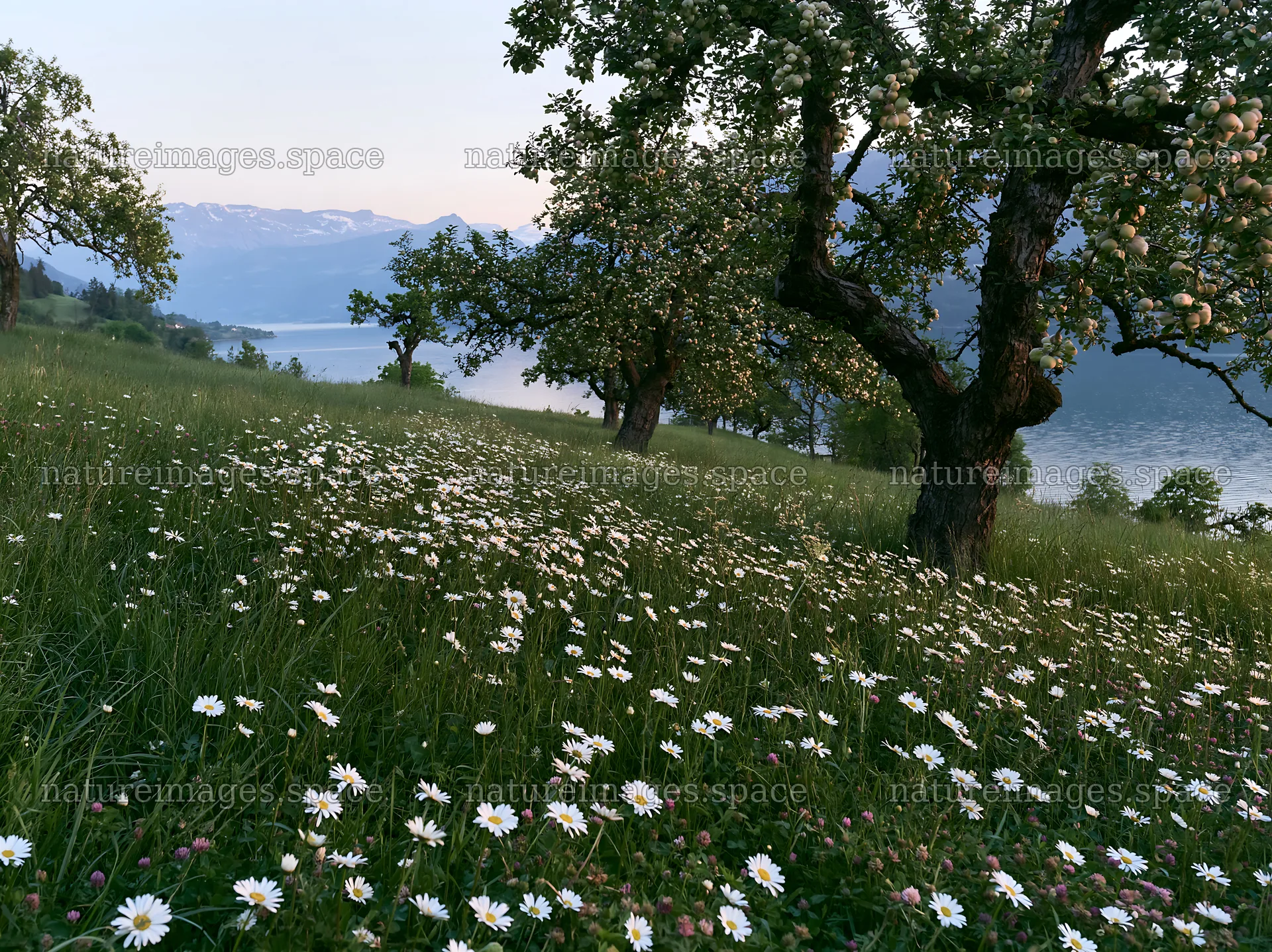 Lakeside orchard meadow with white flowers at sunset – nature images 9174x6866
