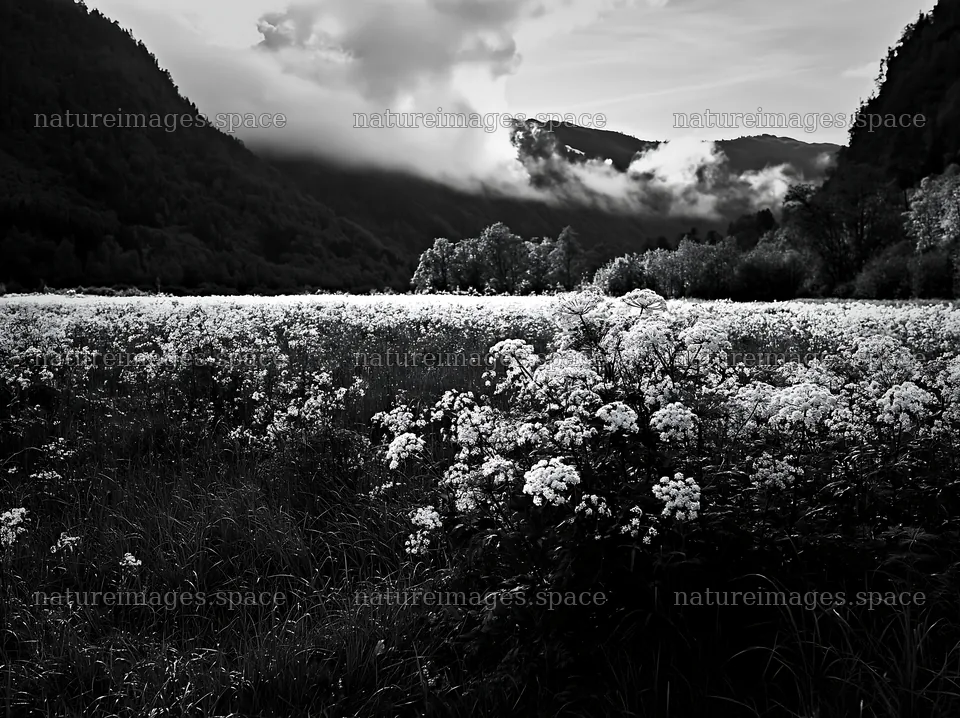 Cow parsley meadow in black and white with mountains in background – nature images 9174x6866