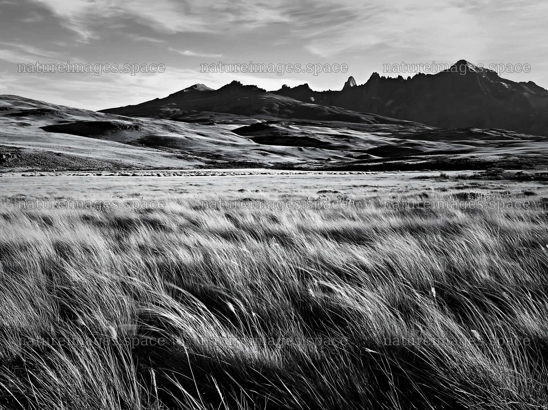 Meadow in rolling valley with mountains in the background – nature images 9174x6866