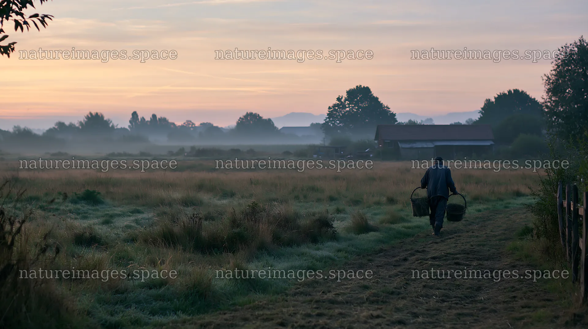 Man walking in meadow at sunrise carrying baskets – nature images 10608x5938
