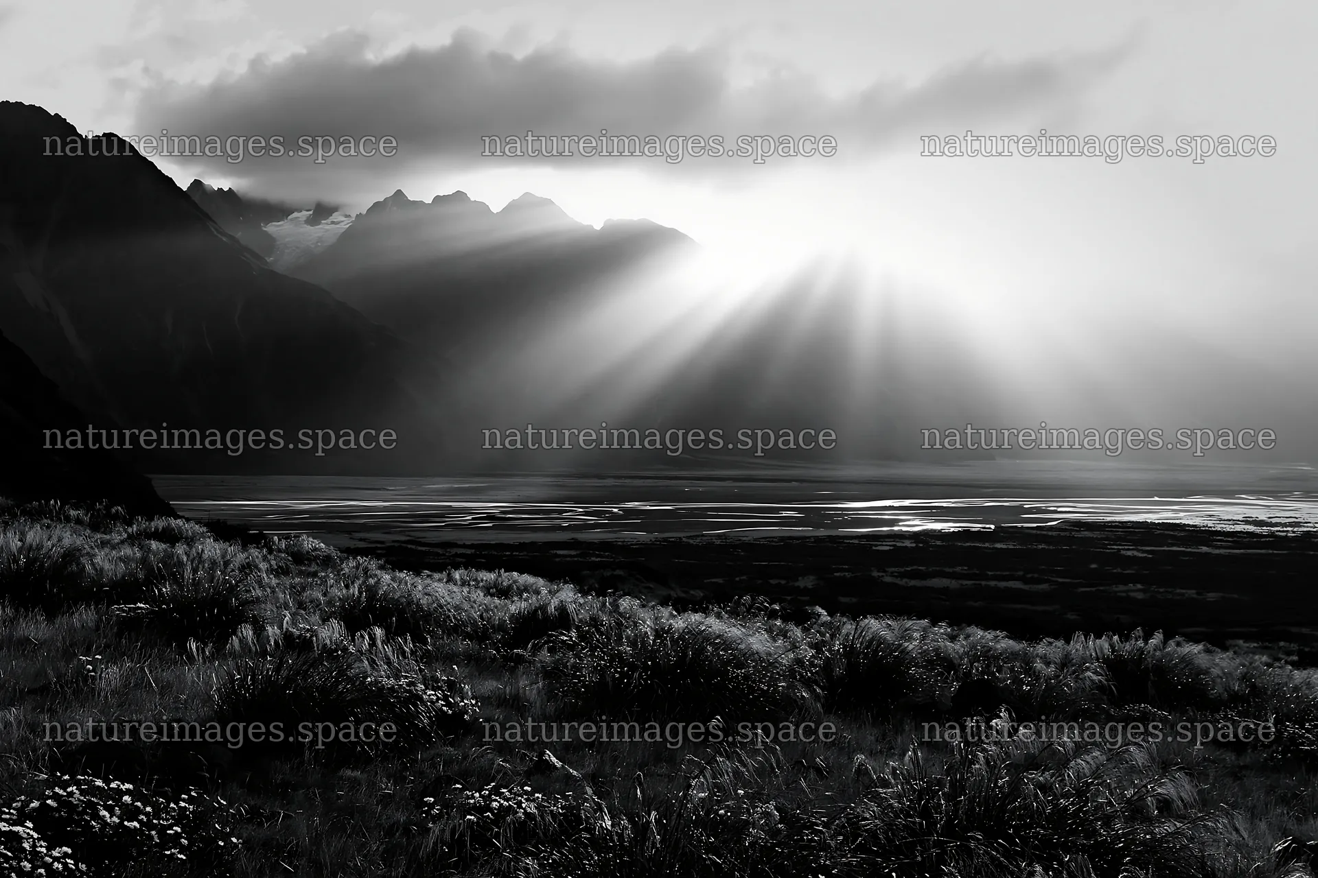 Meadow with crepuscular rays over mountains and valley – nature images 9722x6480