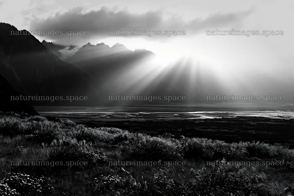 Meadow with crepuscular rays over mountains and valley – nature images 9722x6480