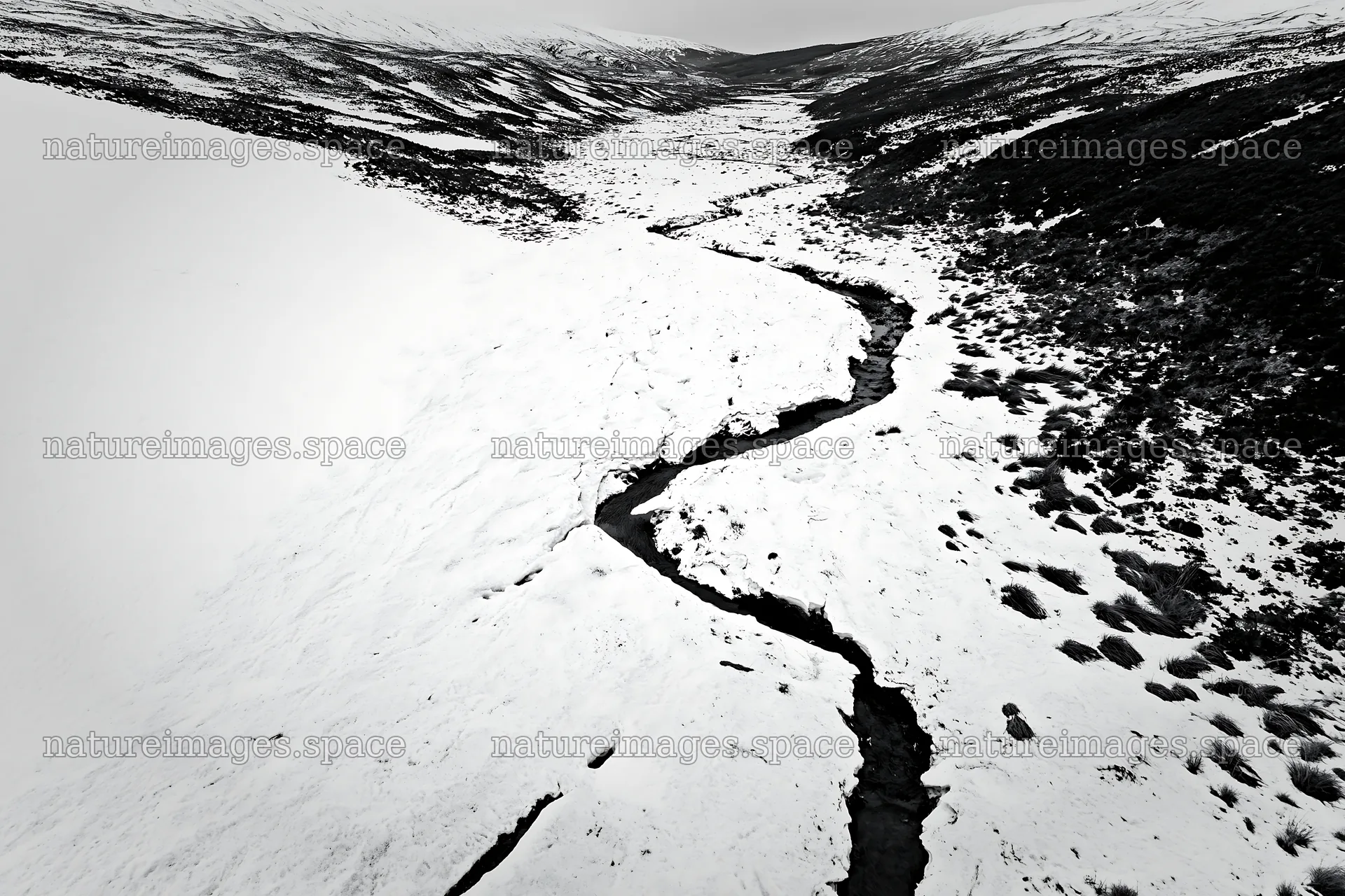 Snowy meadow valley with winding river in aerial view – nature images 9722x6480
