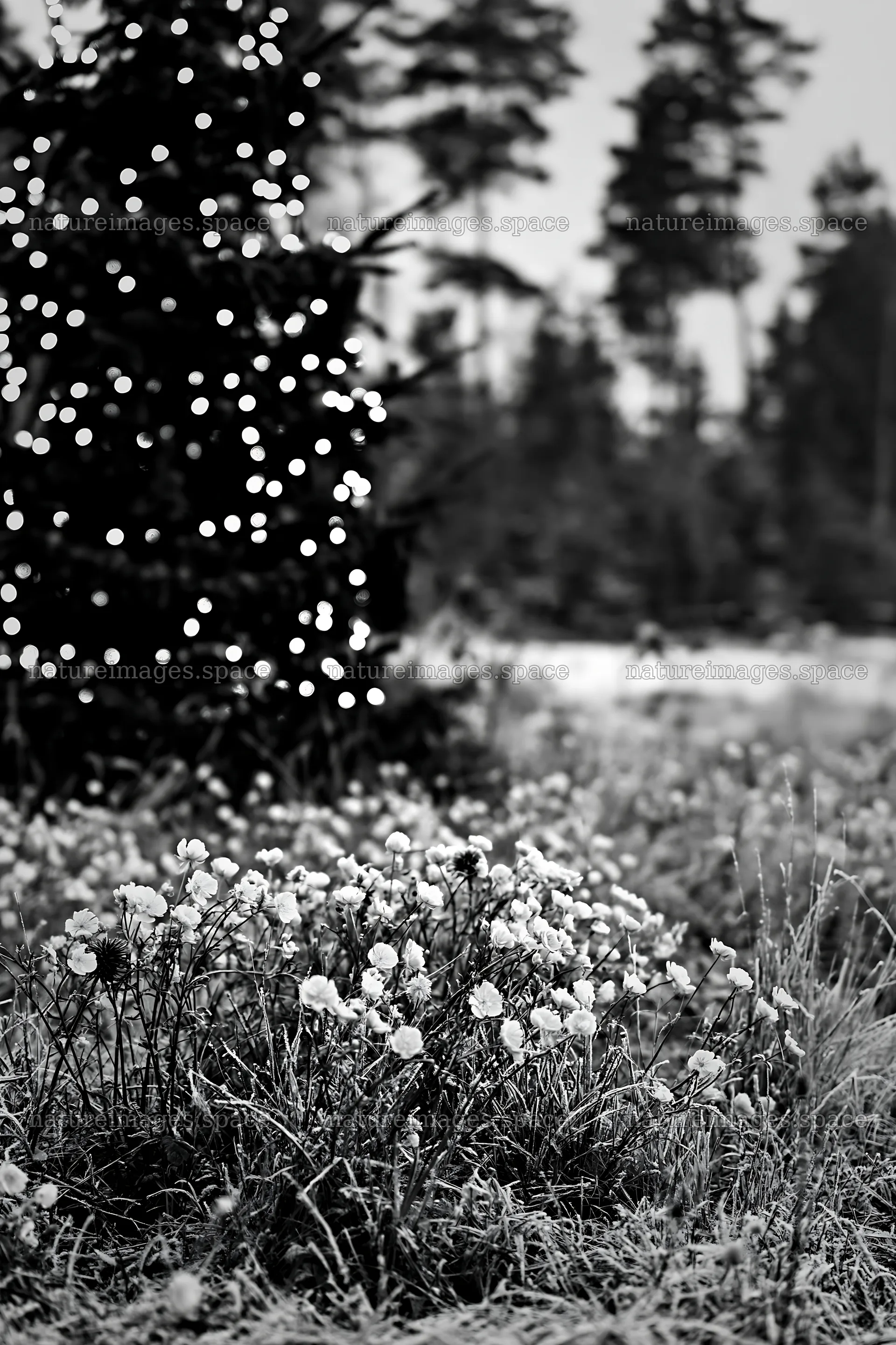 Decorated Christmas tree in snowy meadow with flowers – nature images 6480x9722