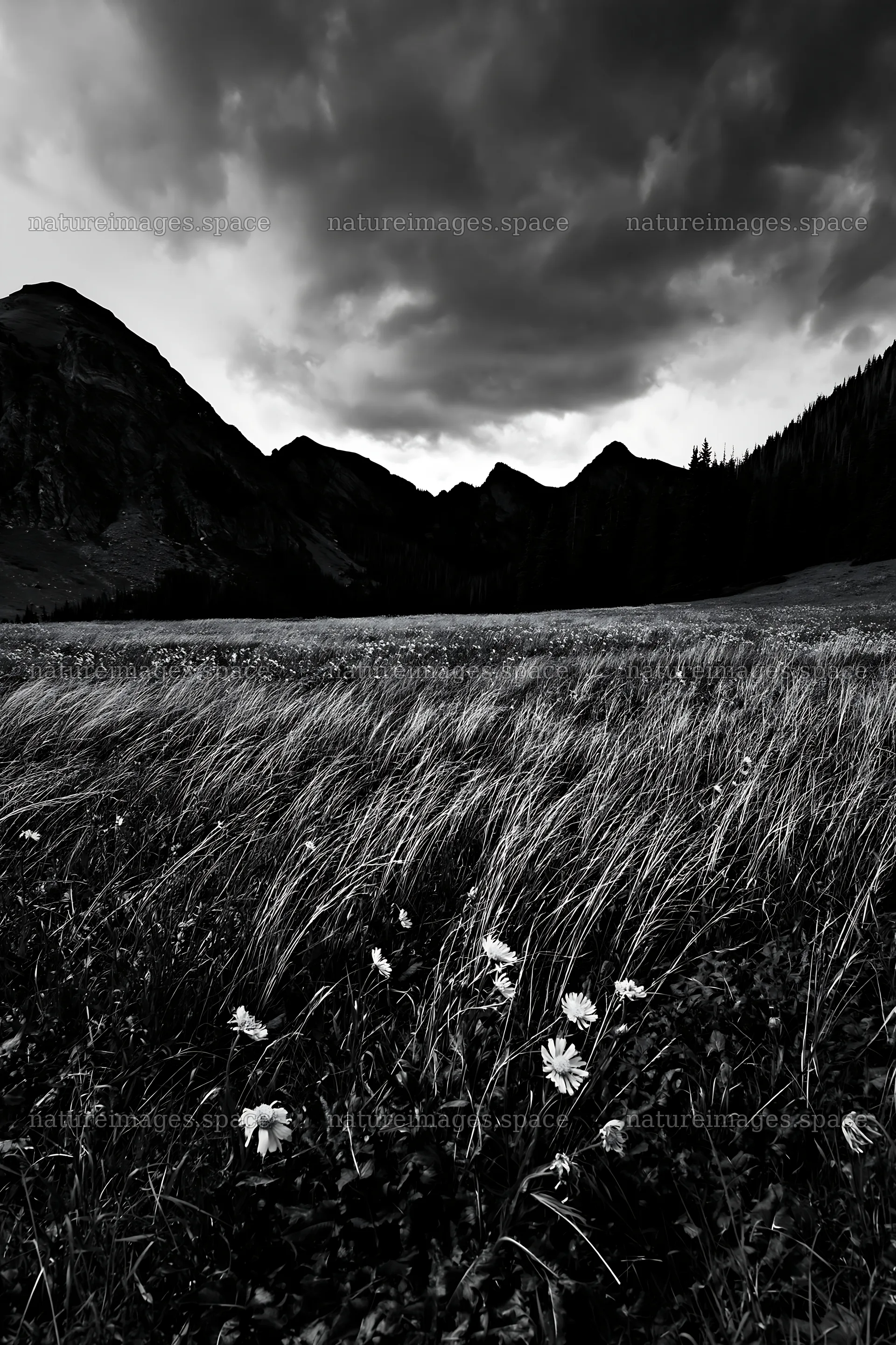 Mountain pass meadow with flowers and dark clouds – nature images 6480x9722