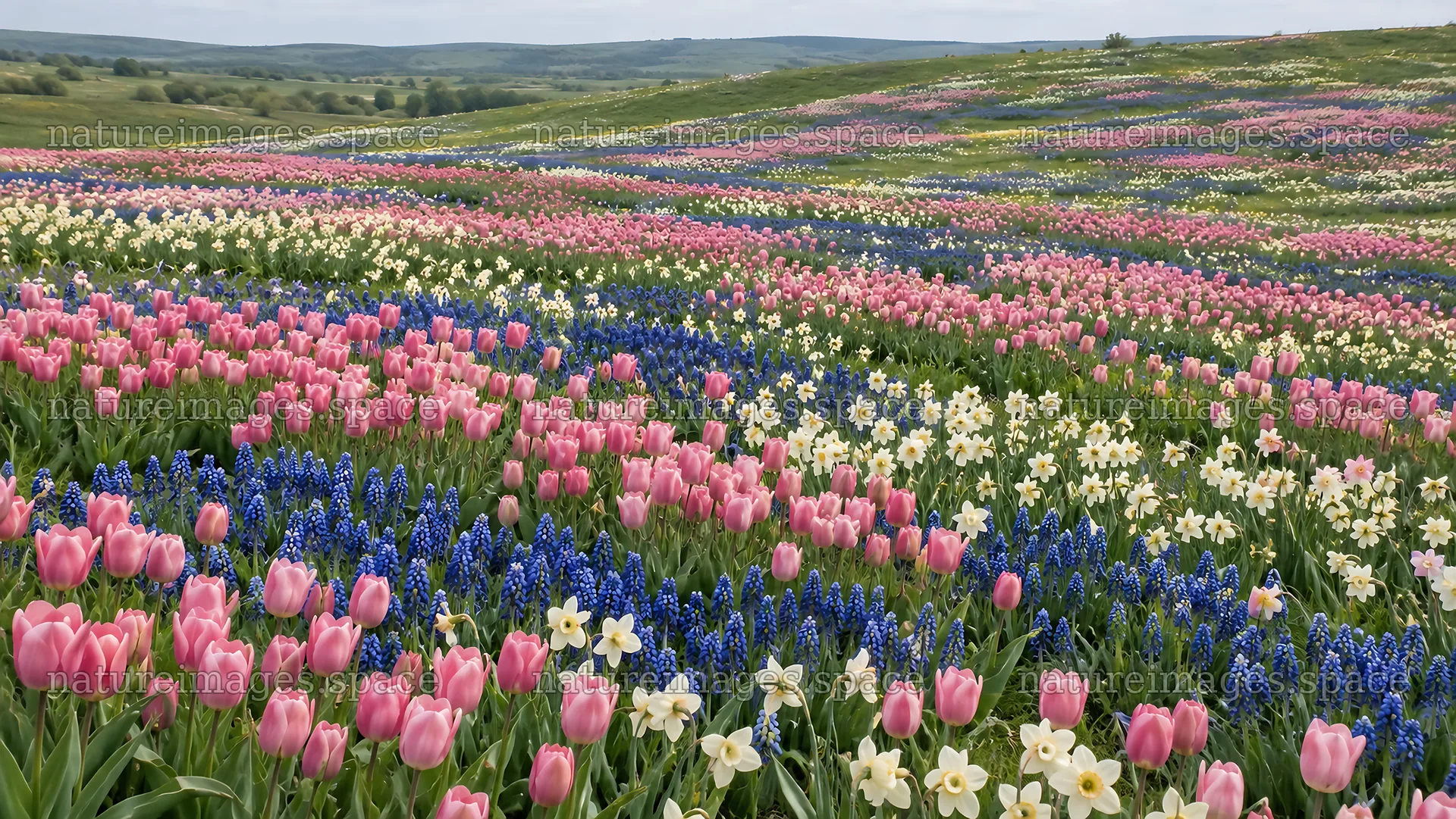 Spring Bulbs Across a Rolling Green Meadow – nature images 10324x5812