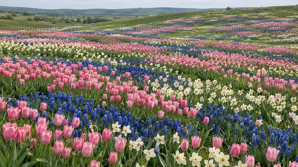 Spring Bulbs Across a Rolling Green Meadow – nature images 10324x5812