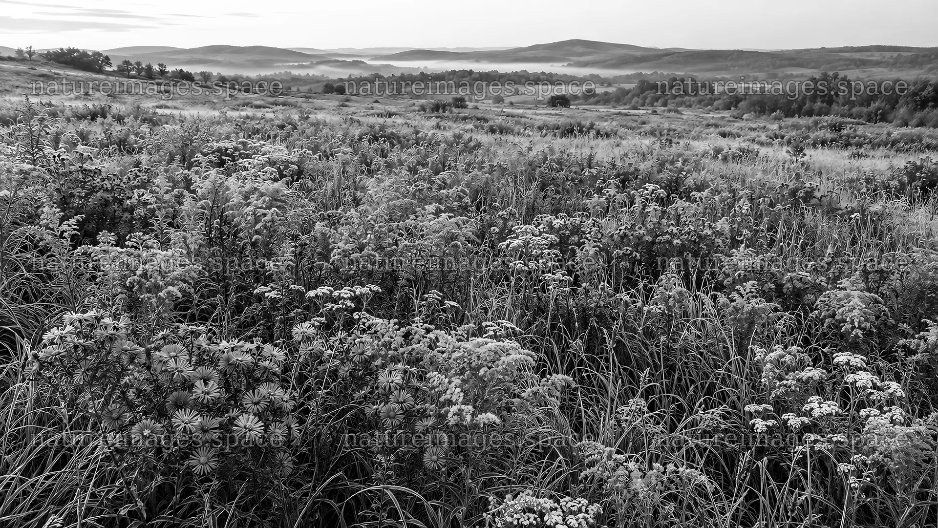 Wildflower Meadow Across Misty Rolling Hills – nature images 10324x5812