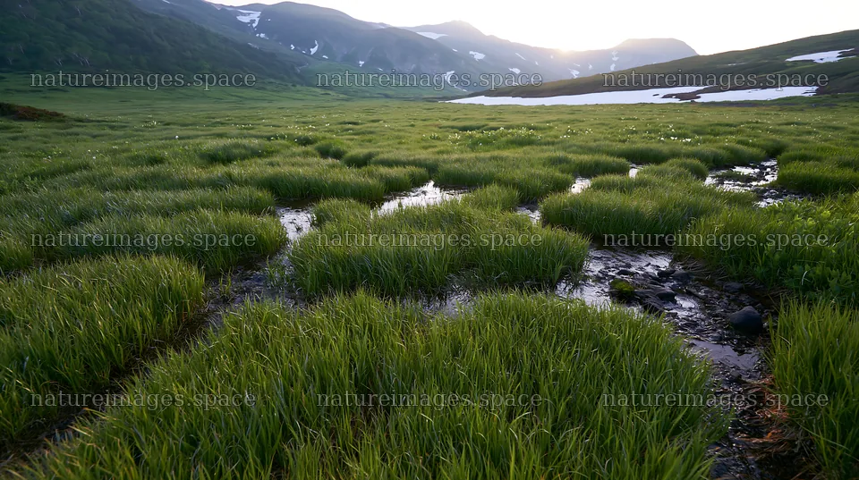 Akita snowmelt meadow with silver grasses under sunlight – nature images 10608x5938