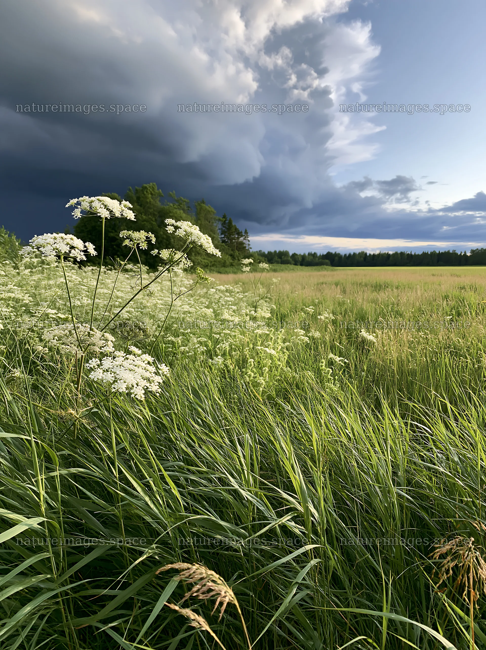 Saga floodplain meadow with reed foreground and stormy sky – nature images 6866x9174
