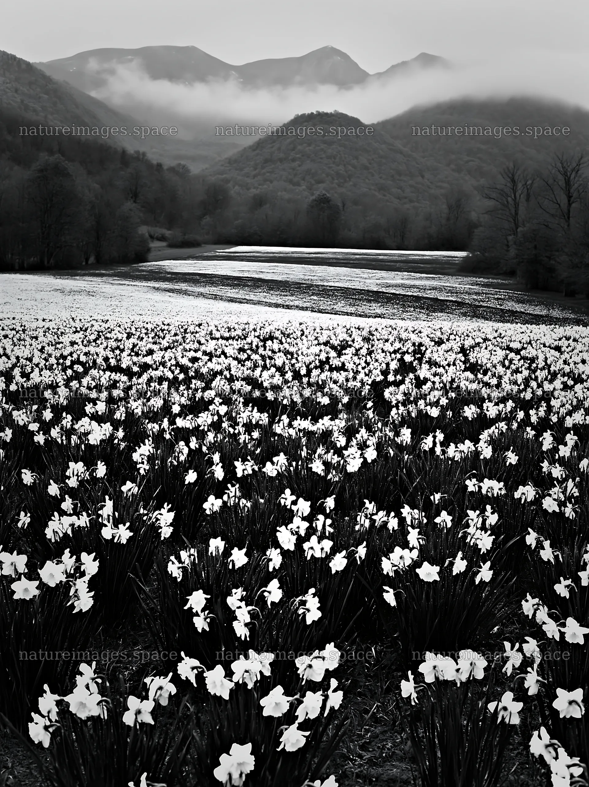 French meadow with daffodils below Pyrenees mountains – nature images 6866x9174