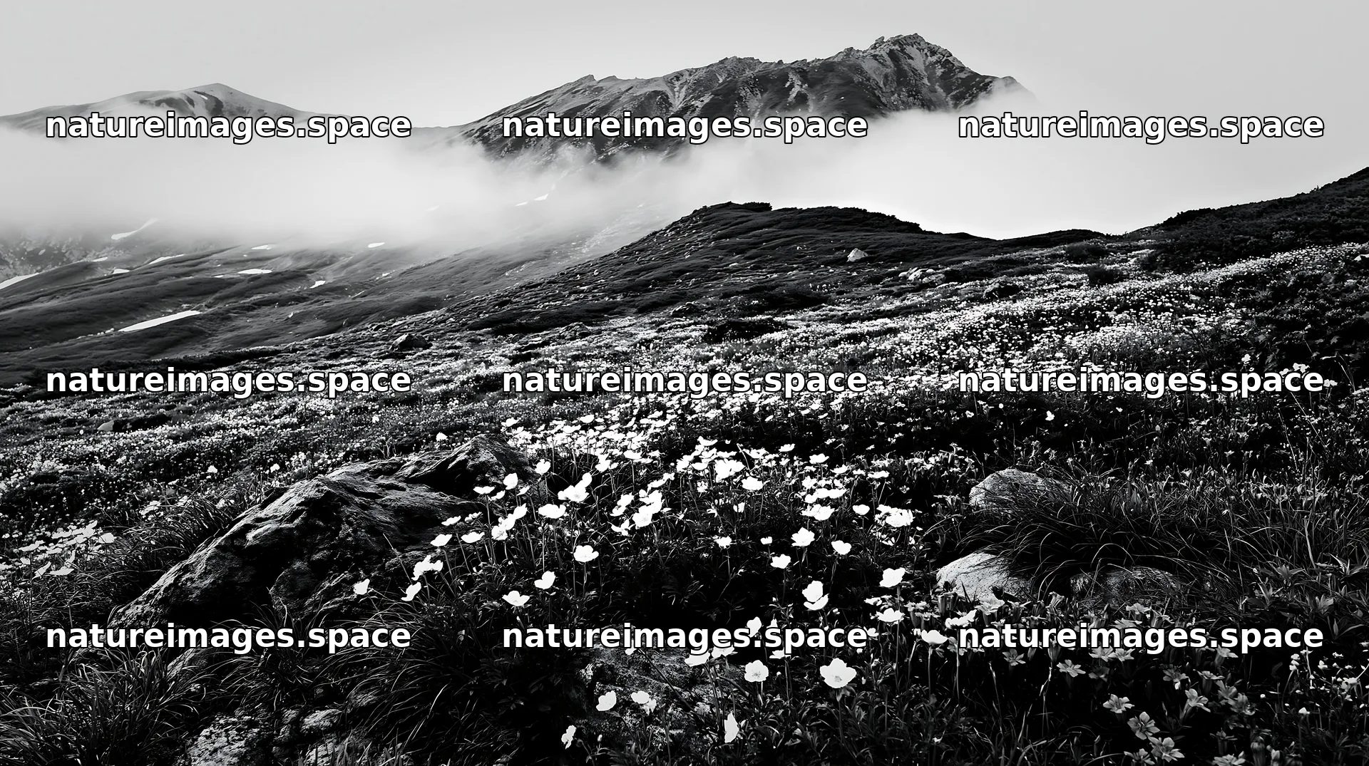 Toyama alpine meadow snowmelt rock foreground with flowers – nature images 10608x5938