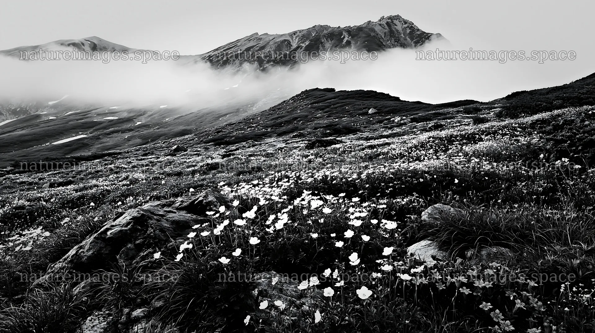 Toyama alpine meadow snowmelt rock foreground with flowers – nature images 10608x5938